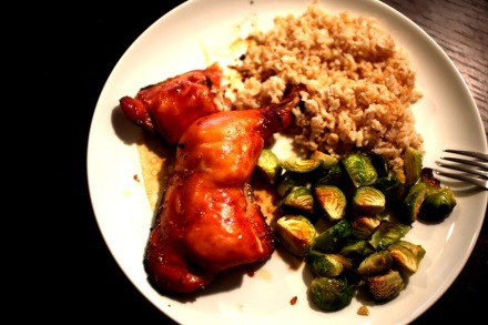 Teriyaki chicken and brussel sprouts.